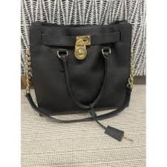 AUTHENTIC Michael Kors Hamilton Black Leather Gold Satchel Crossbody Tote Bag - Picture 1 of 10